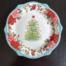 Pioneer Woman Cheerful Rose Christmas Tree 11” Dinner Plate Teal Trim & Bottom