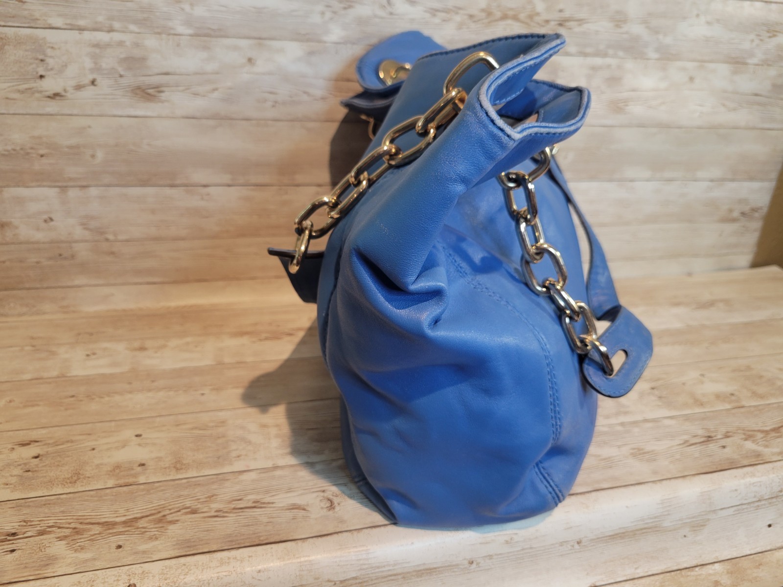 Michael Kors Leather Blue Lillie Tote Double Chain Handle Shoulder Bag Purse thumbnail 3