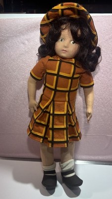 Vintage 1980s Lenci Italian Felt Doll 22  Plaid Dress & Hat Model 334 Tagged