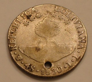 1830 JL SILVER 4 Soles Bolivia holed
