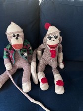 Vintage Handmade Sock Monkey Pair Couple Folk Art Red Heel Style 18-20" Retro