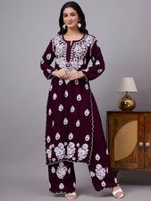 Wine Modal Chikankari Kurti Palazzo Set, Ethnic wear