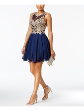 XSCAPE Womens Navy Mesh Lined Sleeveless Short Cocktail Fit + Flare Dress 0