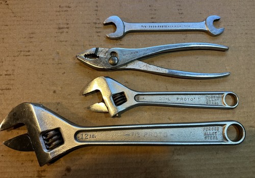 Vintage Proto Adjustable Wrench 8"& 12", Also Plyers & open end wrench tool lot