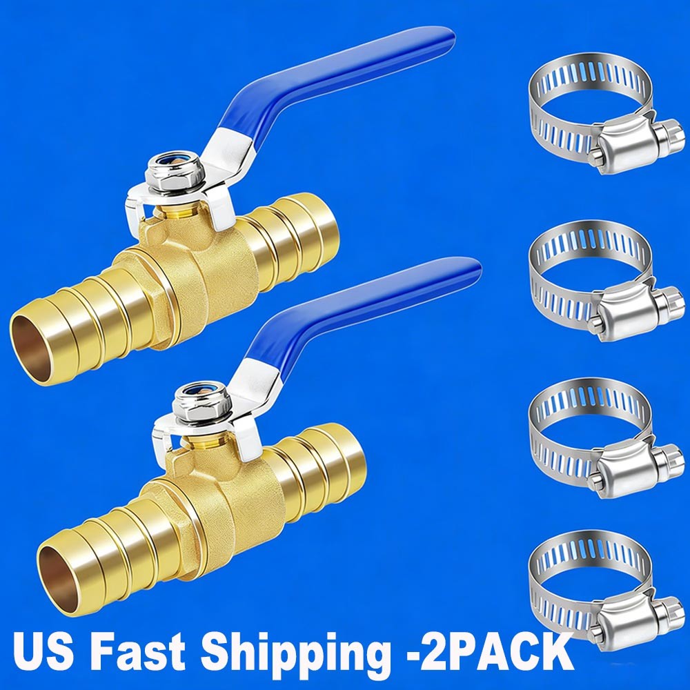 2X Brass Hose Barb Ball Valve Kit 5/8in 16mm Heater Hose Shut Off Valve W Clamp