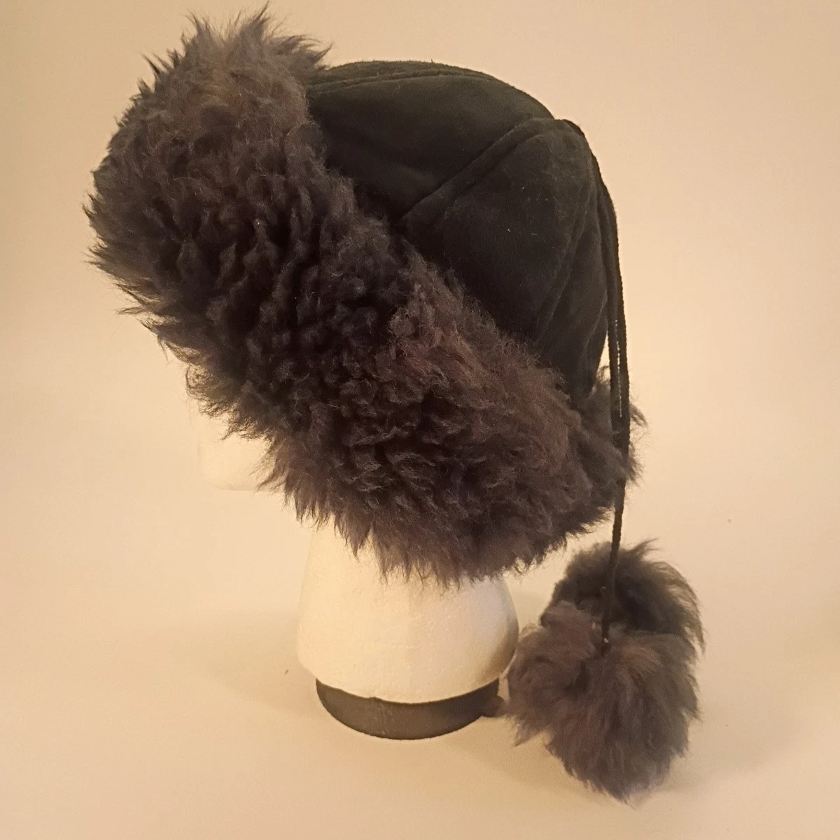 Vintage Black Lamb Fur Winter Trapper Hat with Pom Poms Sheepskin Black Adult