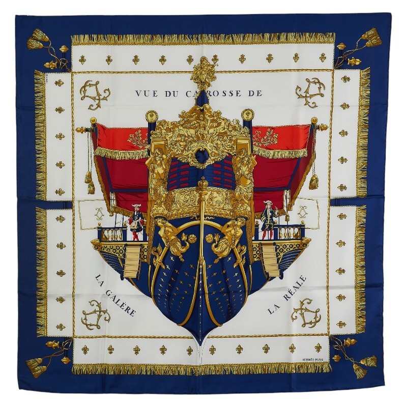 Hermes Vue du Carosse de la Galere Queen Coronation Silk Scarf Blue 35x35