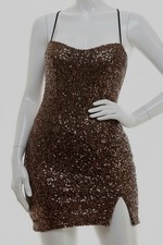 City Studio Juniors' Women's Gold Sequins Lace-Up Open-Back Dress Size 1-2