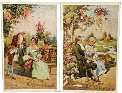 Valentine Postcard Cupids Hover Regency Couples Flower Trees Garden a/s Lot 2