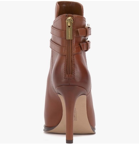 Vince Camuto Sahra Leather Double Buckle Ankle Boots Whiskey Brown Sz 8 Med Zip - Picture 2 of 3