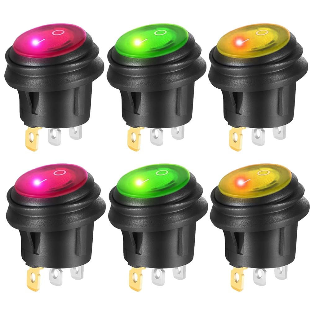 6Pcs 12V-24VDC/20A Waterproof round Rocker Toggle Switch with LED Indicator, 3 P