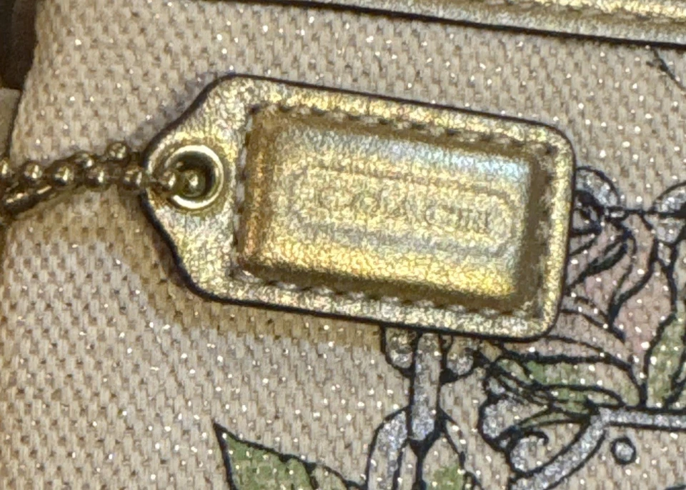 Bolso sin asas Coach años 2000 cuero tatuaje floral lona forro rosa dorado Tr Foto 3 de 4
