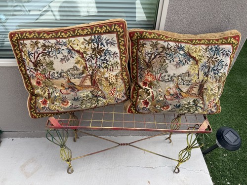 VTGE Pair Of French Abusson Style Needlepoint Pillows Pheasant Garden Scene