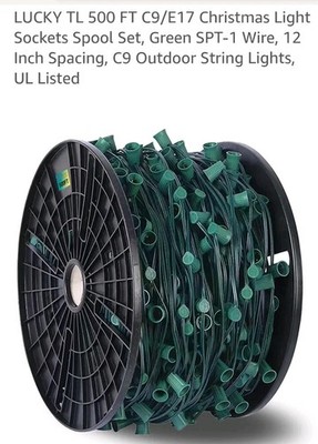 500 FT C9/E17 Christmas Light Sockets Spool Set, Green SPT-1 Wire, 12 Inch S...