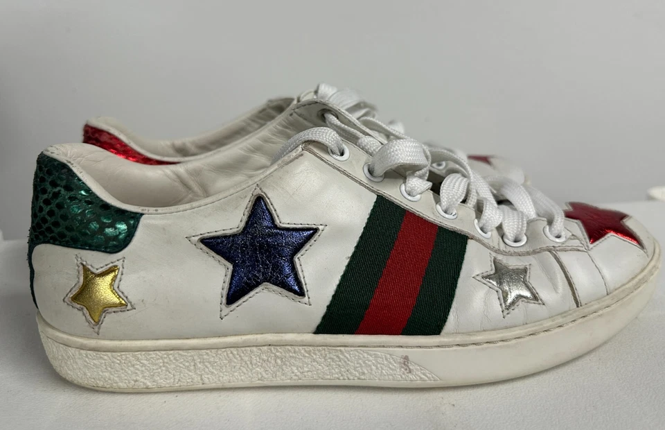 Zapatillas Gucci Ace Star Blanco y Metálico Rojo Verde Retazos Cuero Talla 37.5 Foto 2 de 4