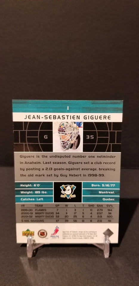 2002-03 SP Authentic Jean-Sebastien Giguere #1 Anaheim Ducks - Image 2 of 2