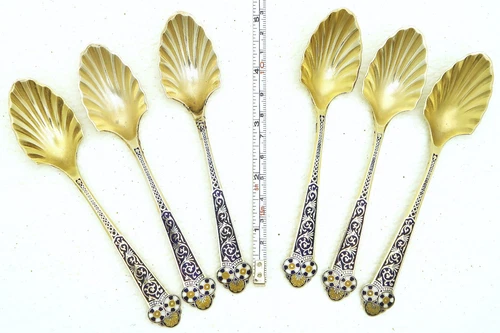Set of 6 Gorham Sterling Silver Ottoman Style Gilt Enamel Sugar Shell Spoons