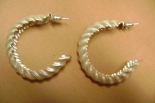 VINTAGE LARGE TEXTURED SWIRL HOOP SILVER TONE PIERCED EARRINGS