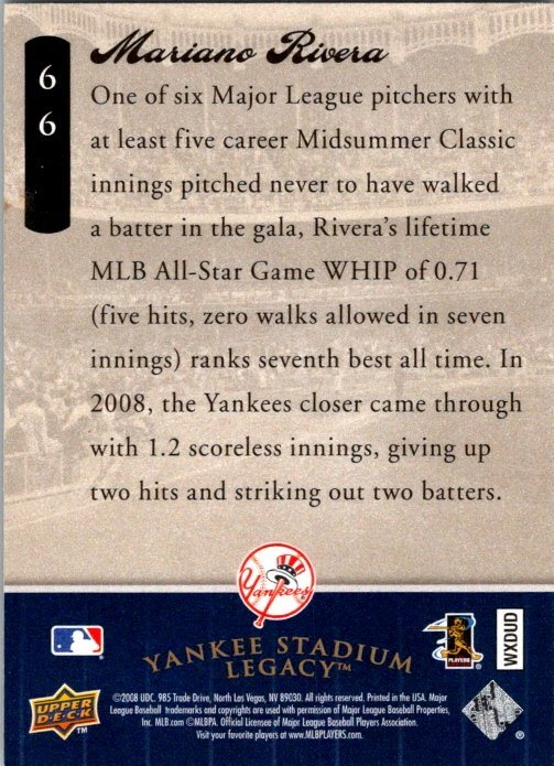 2008 Upper Deck Yankee Stadium Legacy Final Season Box Set #66 Mariano Rivera - Image 2 of 2