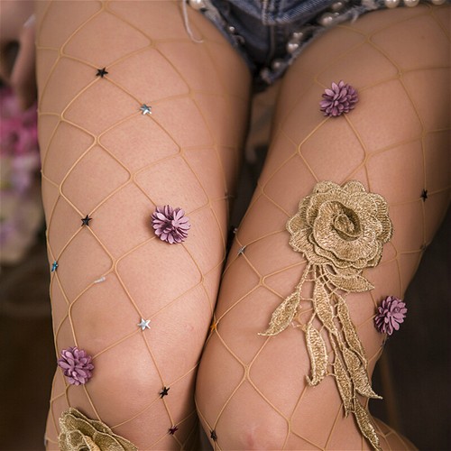 Women Fishnet Tights Floral Embroidered 