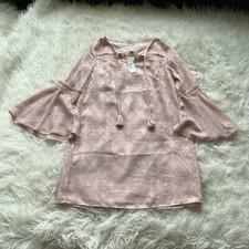 NWT LOFT Dusty Pink Textured Bell Sleve Tie Neck Boho Mini Dress