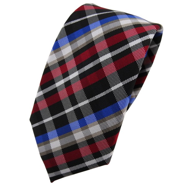 Schmale Tigertie Krawatte Rot Blau Beige Schwarz Silber Kariert - Binder Tie-image