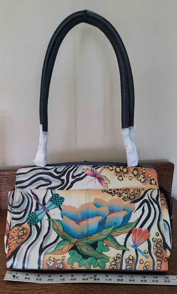 Cartera Anuschka pintada a mano floral, libélula y rayas cebra nueva con etiquetas Foto 2 de 4
