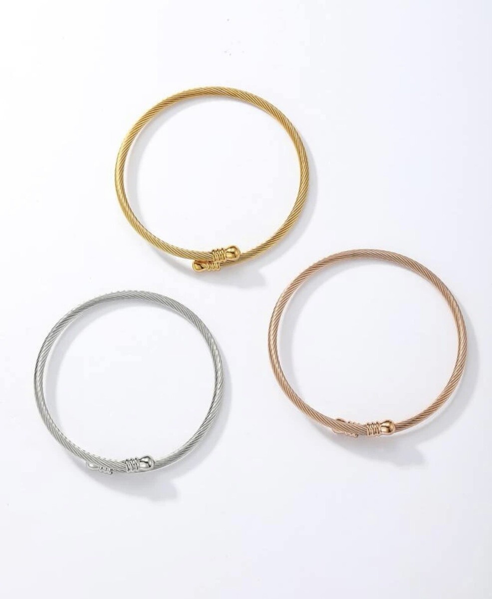 Lot De 3 Bracelets Jonc Torsadés Femme En Acier Inoxydable - Neufs, Style Fin Rigide Ouvert