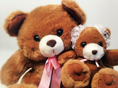 Plush Mother & Baby Teddy Bears Stuffed Animals Kids America Corp Bonnet & Bow