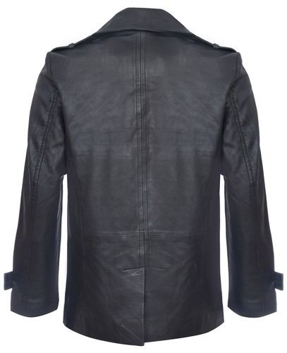 Men's Black Pea Coat Leather Jacket Dr Who German Naval - Picture 3 of 5