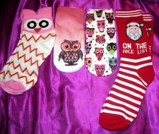 NEW Lot of 4 Pairs Women's Novelty Socks OWLS On The Nice List Santa Christmas