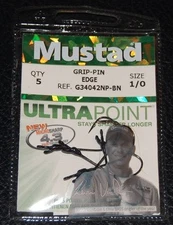 Mustad G34042NPBN-10 GRIP PIN Edge Straight Shank Bass Hooks Size 1/0 Pack of 5