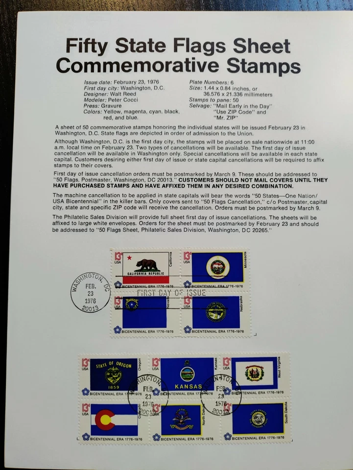 1976 50 US States Flags Sheet Commemorative Stamps,MH,OG - Image 2 of 4