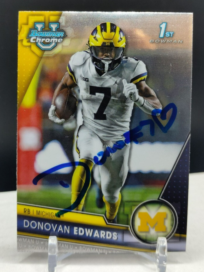 Donovan Edwards AUTO 1st Rookie 2023 Bowman Chrome University BAS COA Michigan