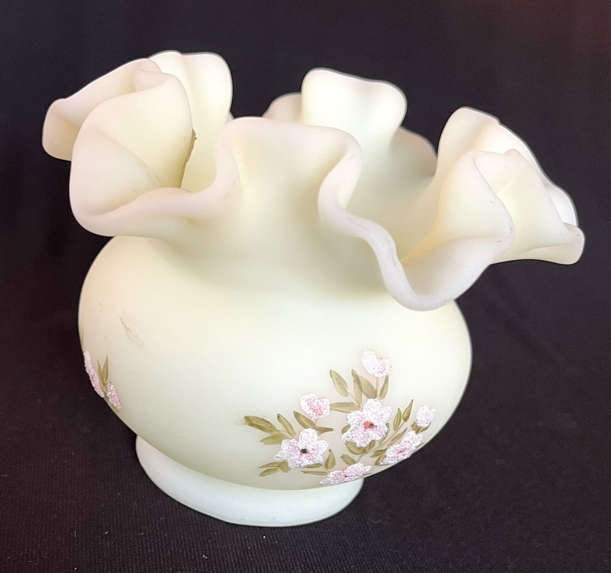 FENTON Custard Satin Ruffled Uranium Vaseline Glass Hand Painted