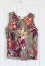 Maggie Sweet Blouse L Tropical Floral Print Sleeveless Made in USA Green