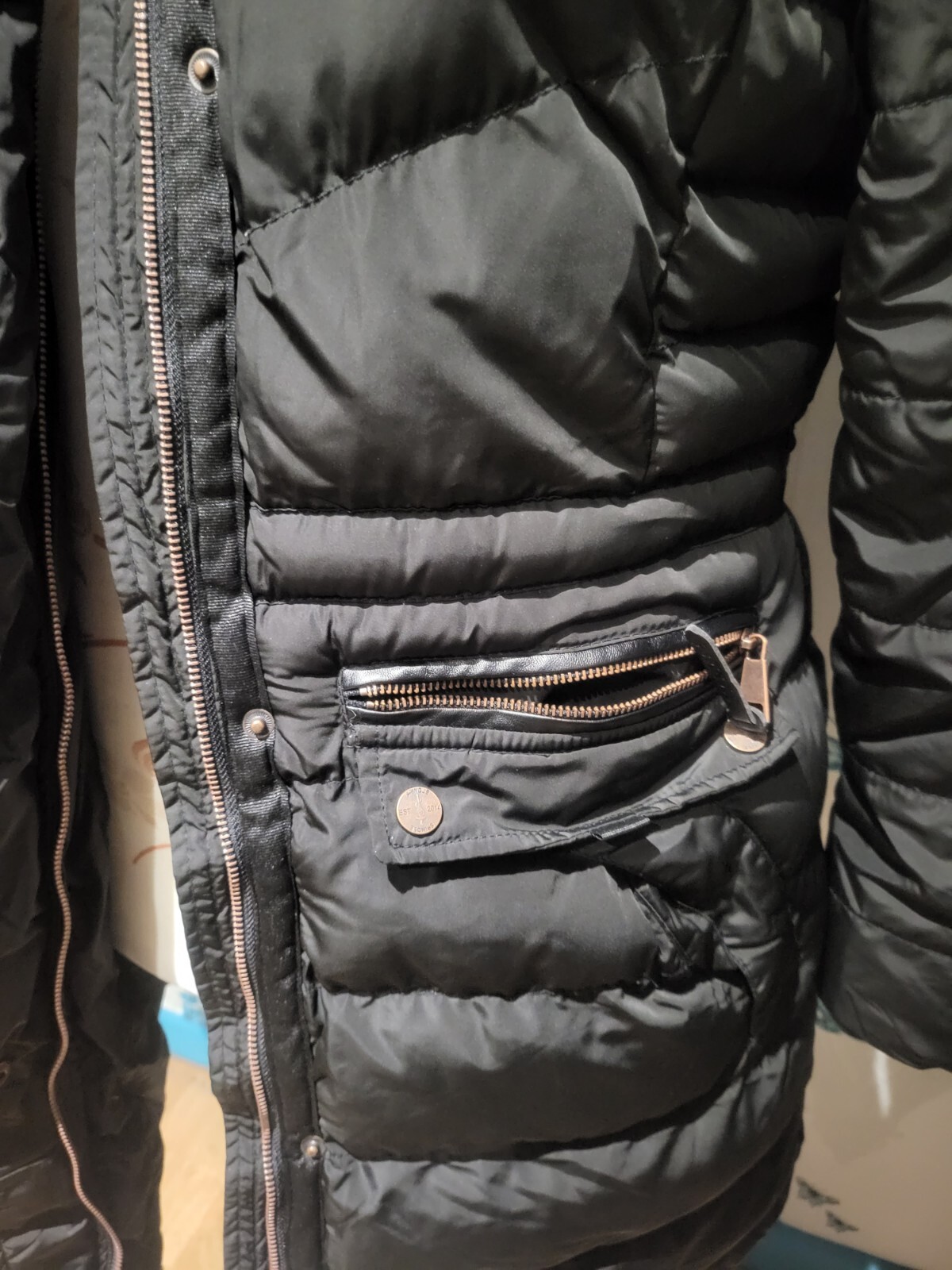 Black Padded Puffer 3/4 Length Coat Faux Fur Hood By Spindle Boutique