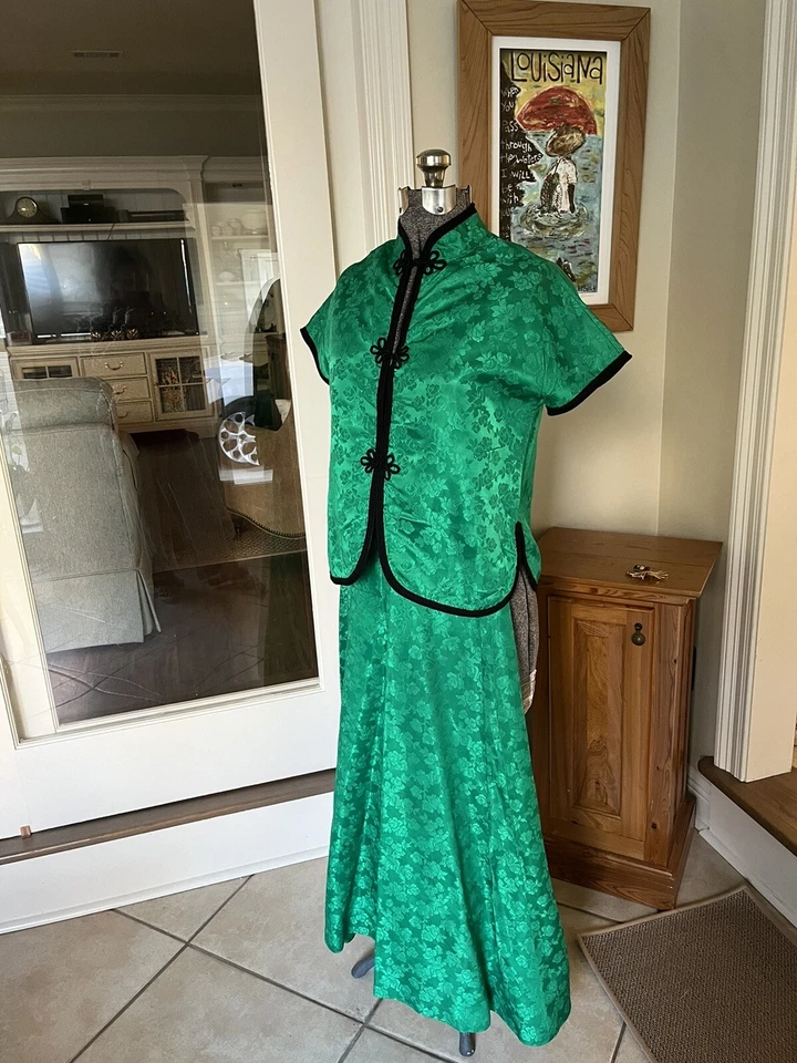 Disfraz de geisha japonesa vintage años 60 2 piezas verde hecho a mano Halloween Foto 3 de 4