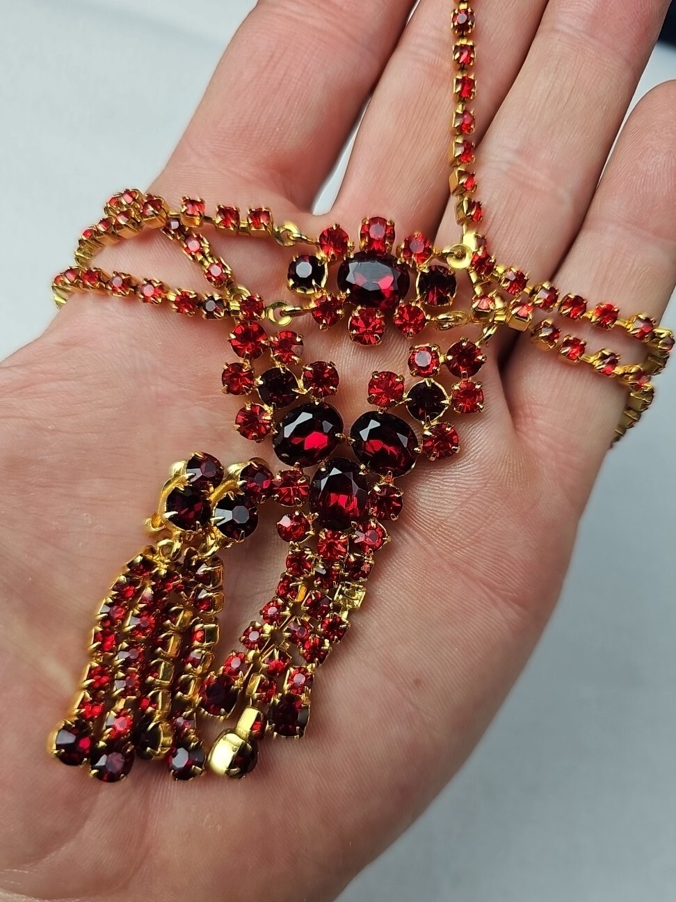 Faux Ruby Red Statement Necklace 16-17” Earrings … - image 2