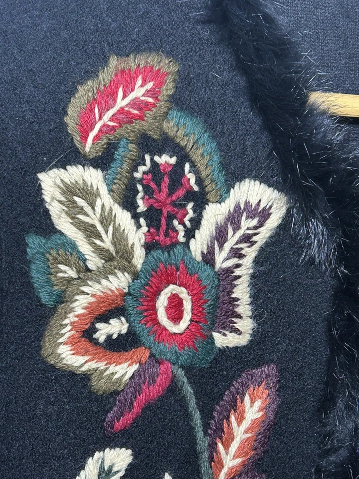 RARE Vtg Oscar De La Renta Floral Embroidered Wool Fur Long Cardigan Sweater SM - Image 3 of 4