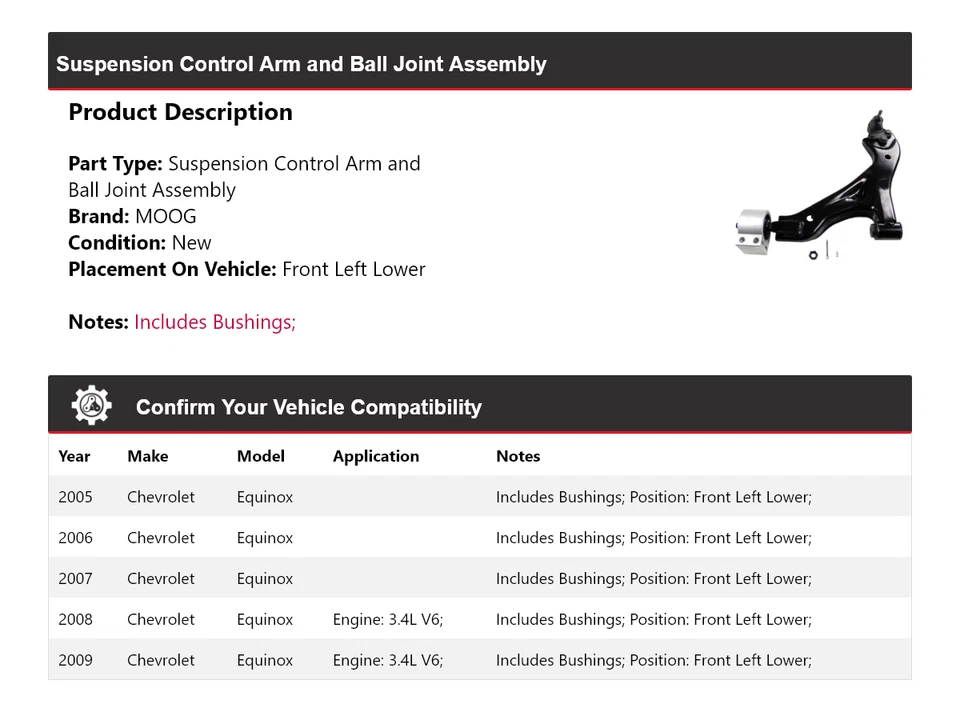 Brazo de control delantero izquierdo inferior MOOG 2005-2009 Chevrolet Equinox 2005 2006 2007 Foto 2 de 4