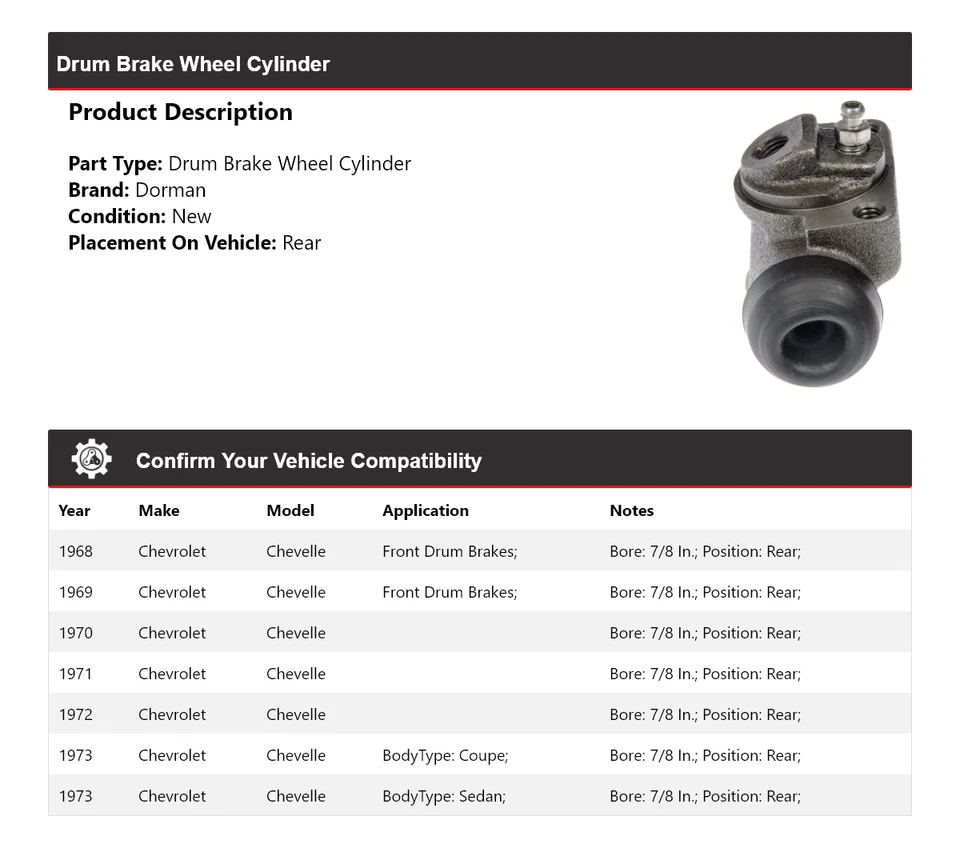 Cilindro de rueda de freno de tambor trasero 1969 1970 Chevrolet Chevelle Dorman 1968-1973 Foto 2 de 4