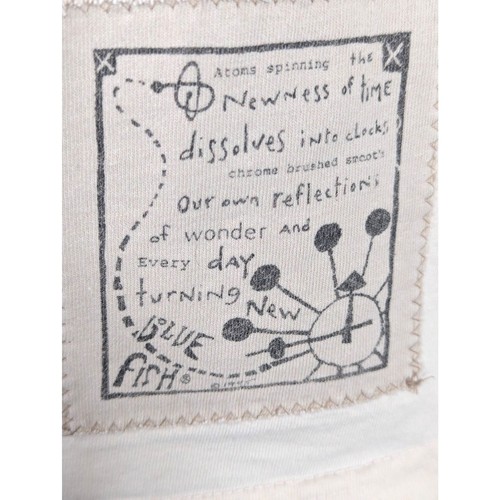 VINTAGE 1995 BLUE FISH Atoms Spinning Clocks Tee Hand Printed Art Lagenlook OS - Bild 4 von 12