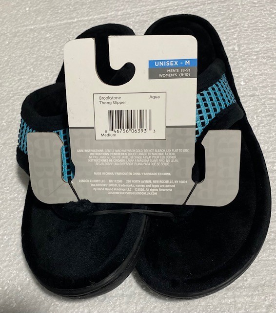 Brookstone Memory Foam Plush Thong Slippers Black AQUA Size MEDIUM