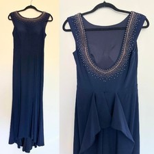 Xscape Beaded Ruffle Trumpet Hem Gown Navy Blue Mother of Bride Plunge Women's 6