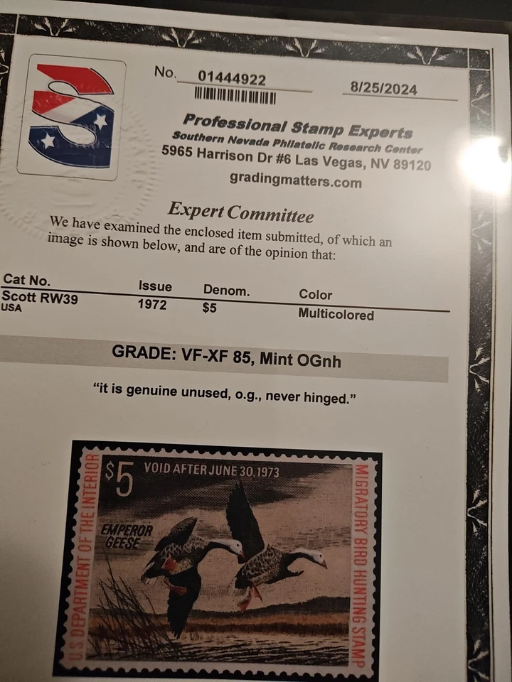 Certified PSE - #RW39 1972 - US Federal Duck Stamp - Mint OG NH **WELL CENTERED* - Image 4 of 4