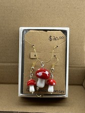 Glass Mushroom Red & White Dangle Earrings and plated gold Snake necklace 18"