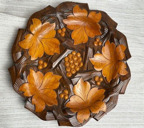 Vintage Carved Wood Grapevine Wall Plaque Tray Grapes Leaves 14" Wall Art