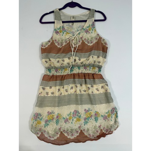 Free People Mini Dress Womens Small Cream Floral Smocked Waist Lace Up Excellent