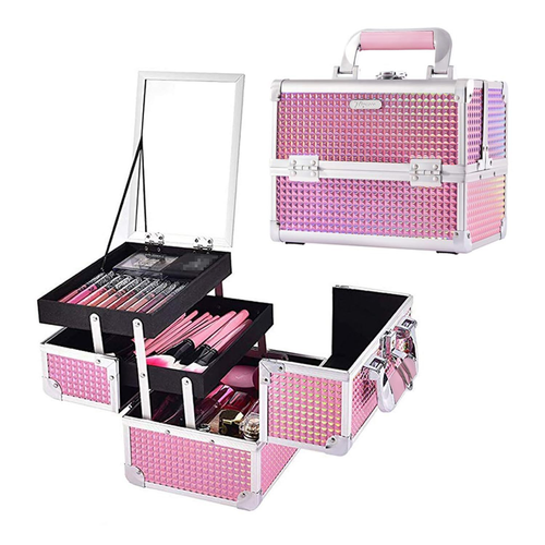 Joligrace Pink Portable Makeup Train Case Beauty Organizer  